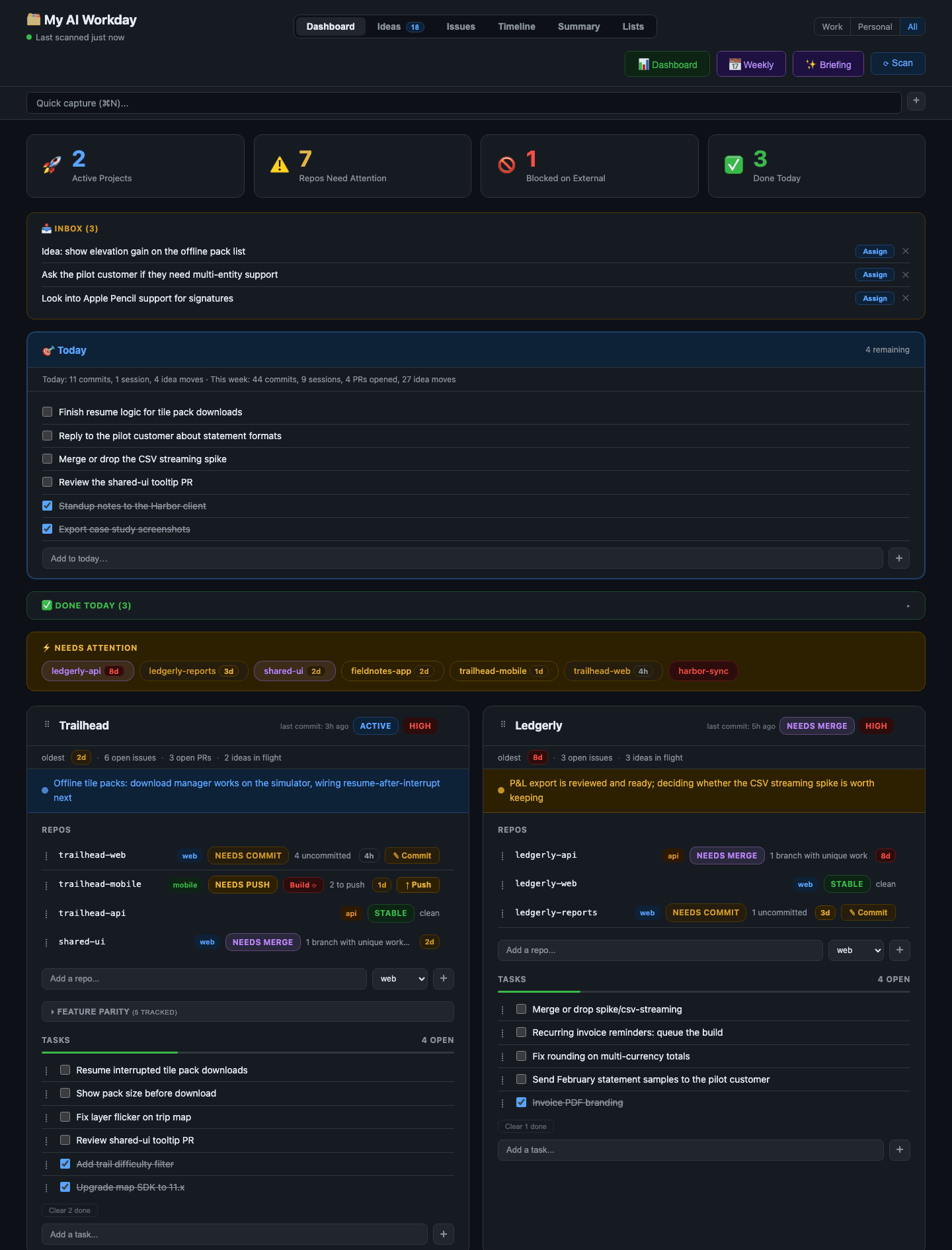 My AI Workday dashboard with project cards, repository status and age pills, a Today list and an inbox