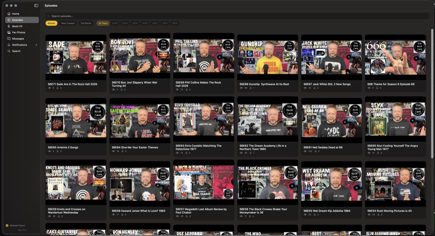 The Rock Cave Mac app episode grid with search and filter controls