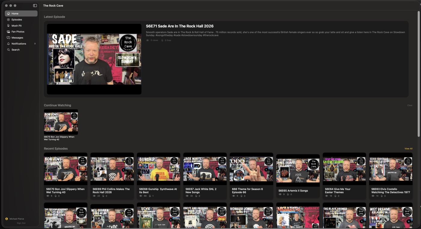 The Rock Cave Mac app home screen with latest episodes and continue watching