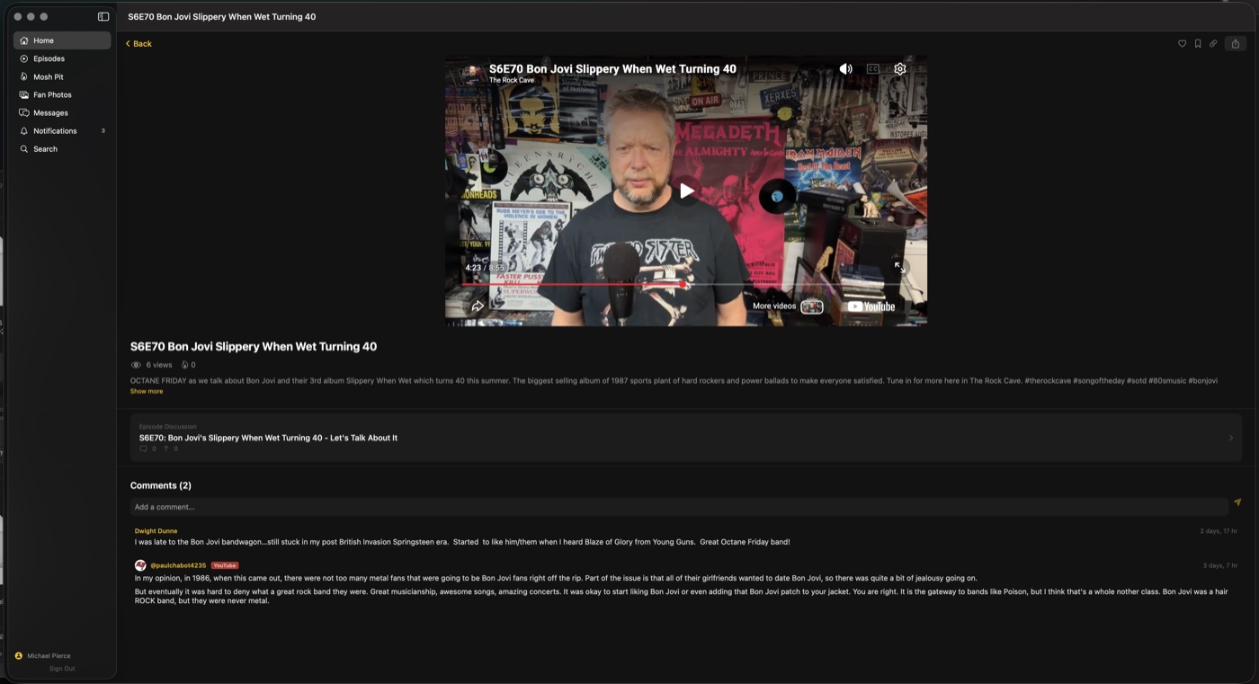 The Rock Cave Mac app video player with comments and reactions