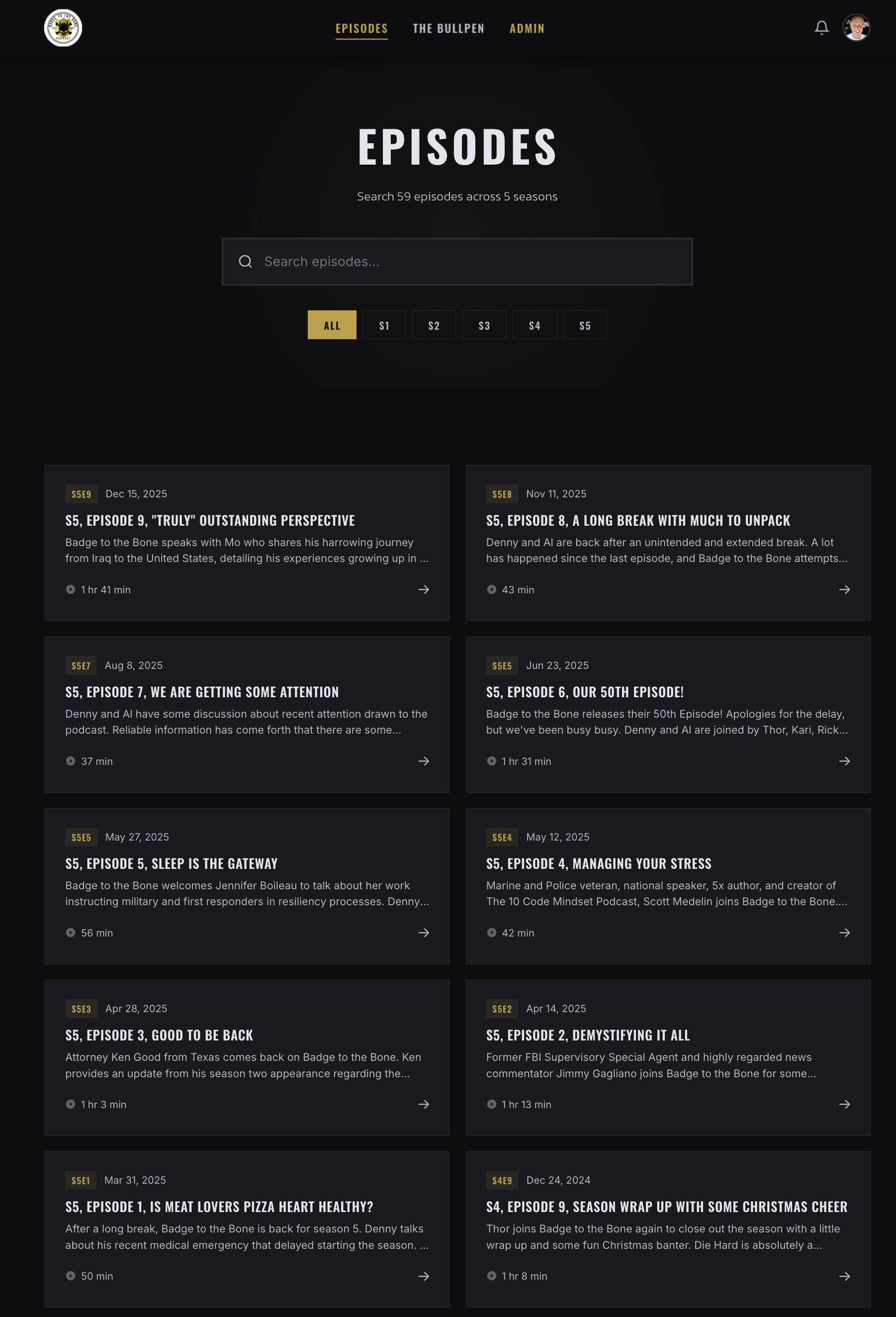 Episode hub with search and season filtering