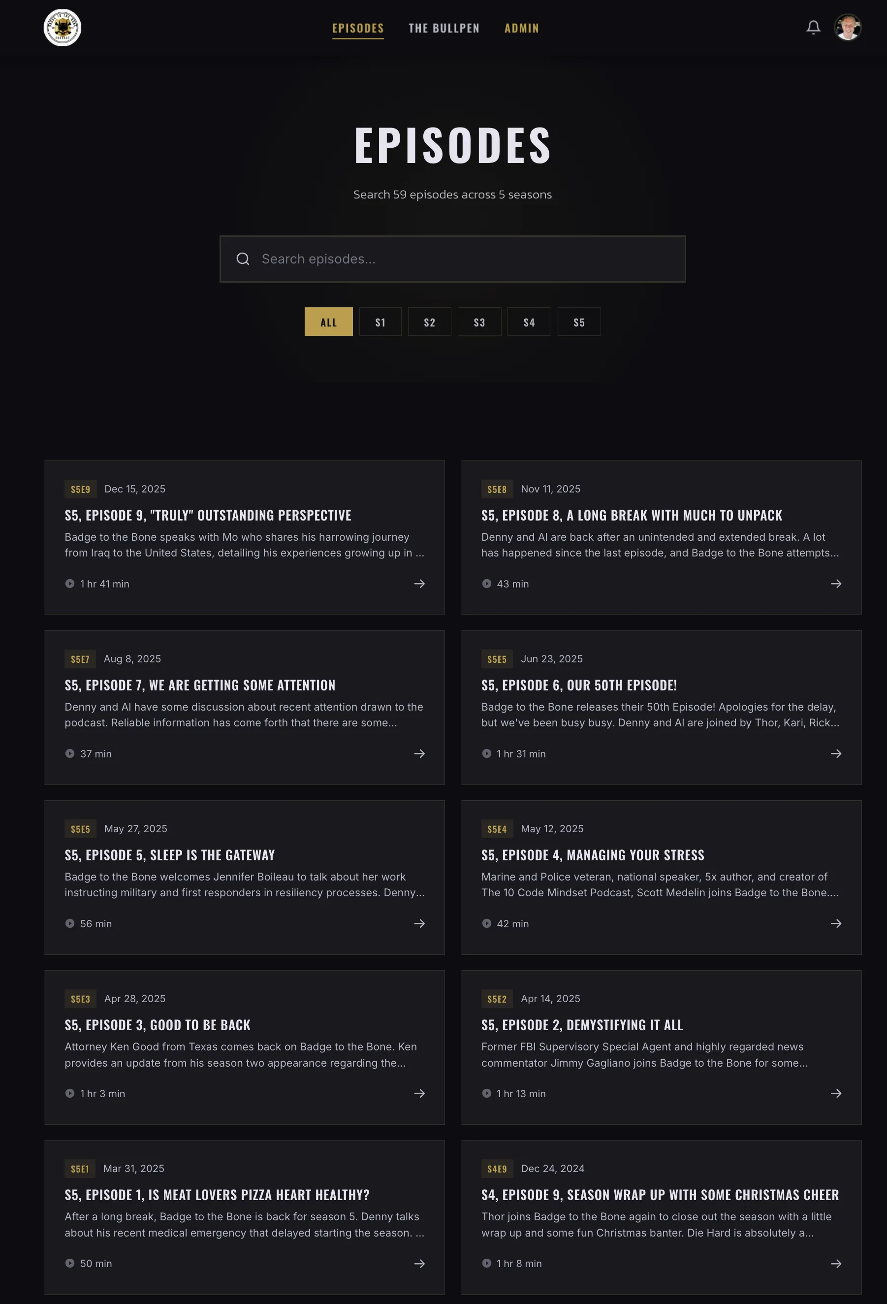 Episode hub with search and season filtering
