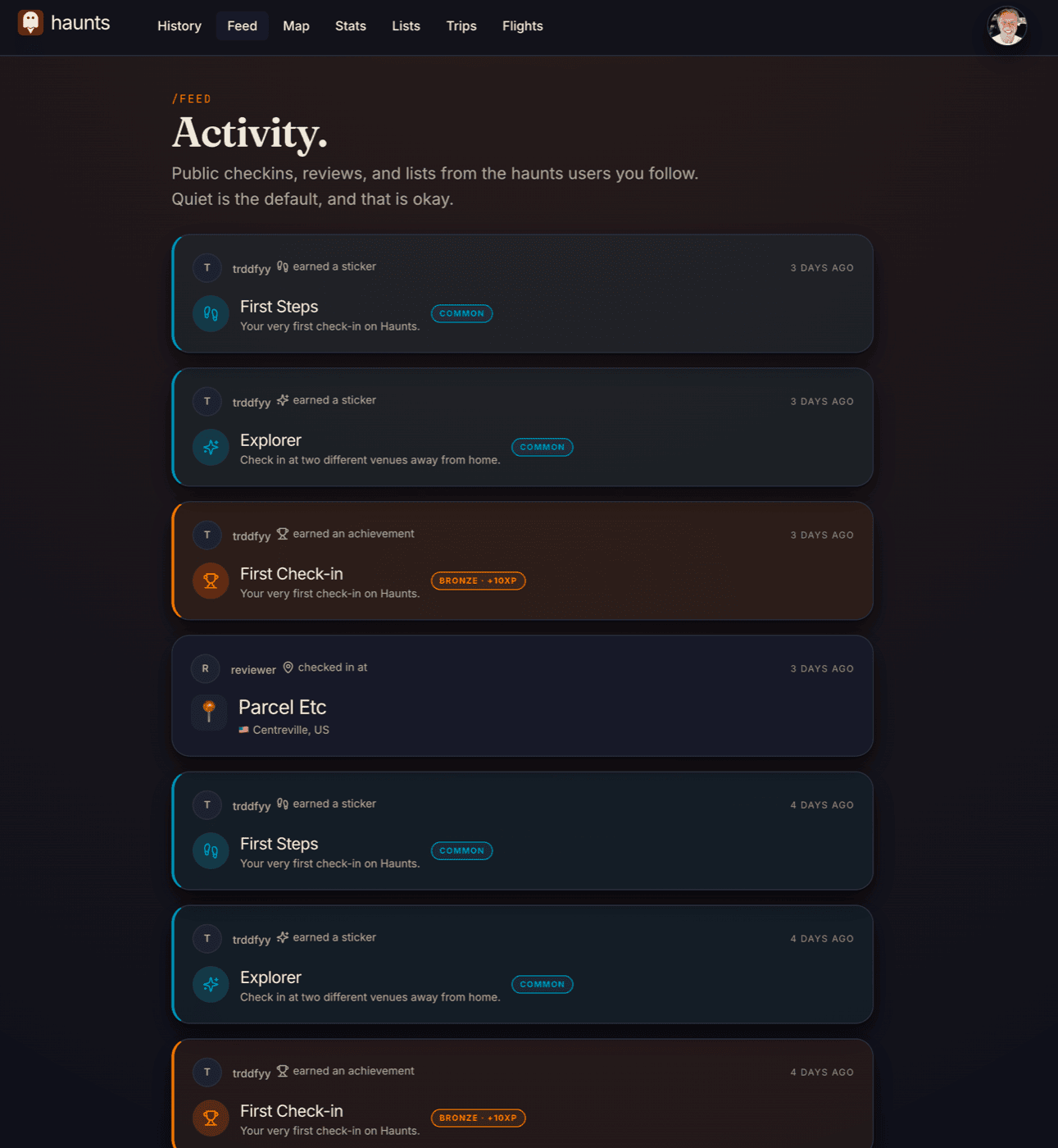 Haunts.io activity view with stickers, achievements, and XP progression