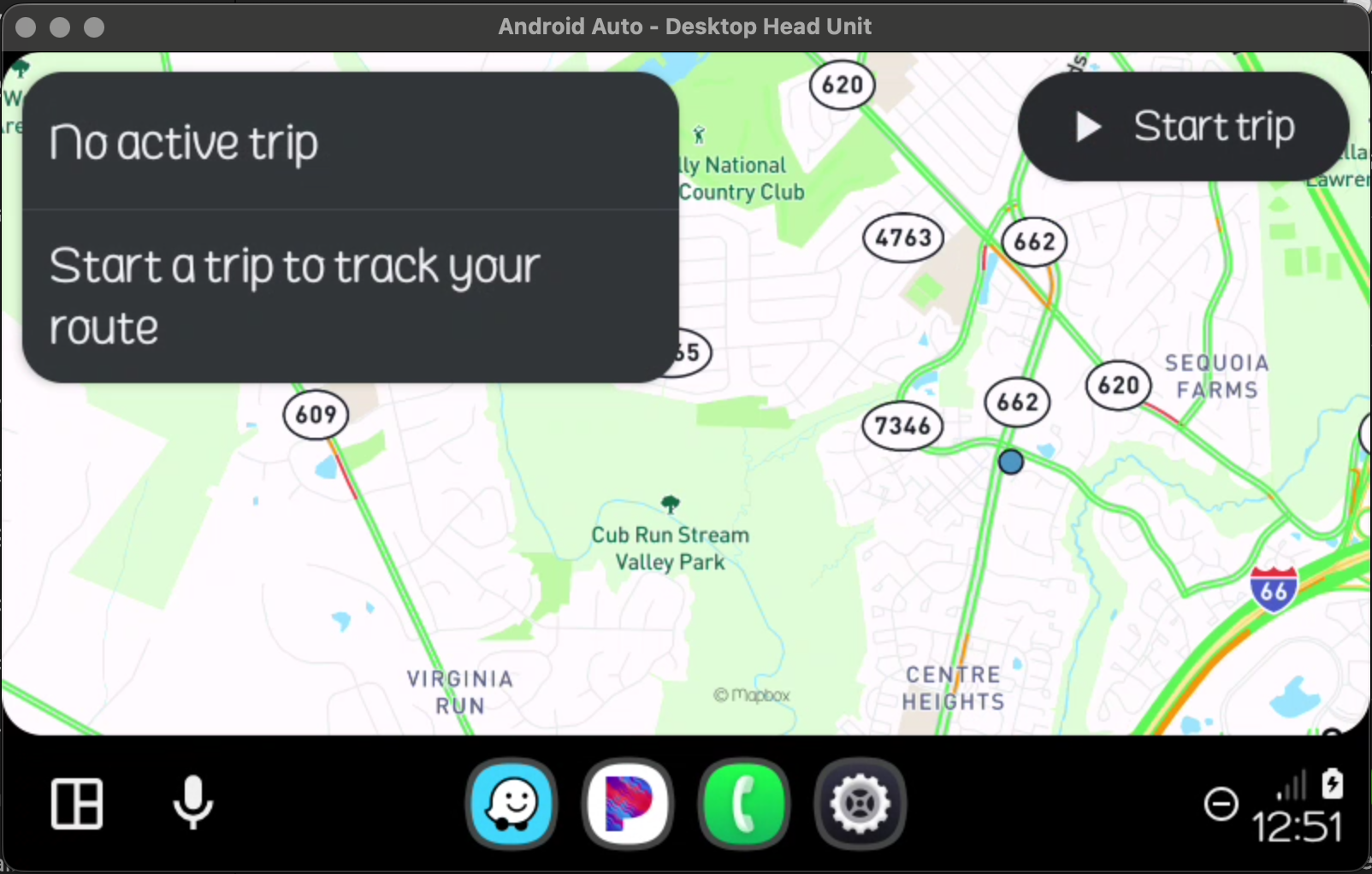 Haunts.io Android Auto home screen with no active trip and Start trip button