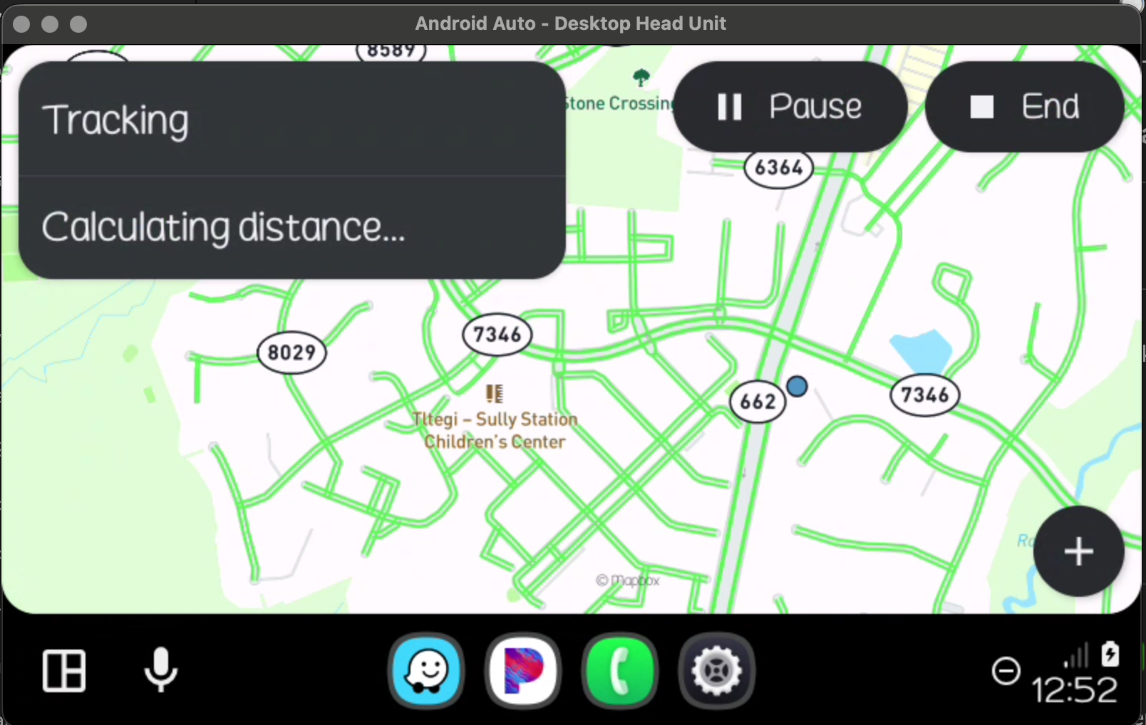 Haunts.io Android Auto tracking an active road trip with Pause and End controls