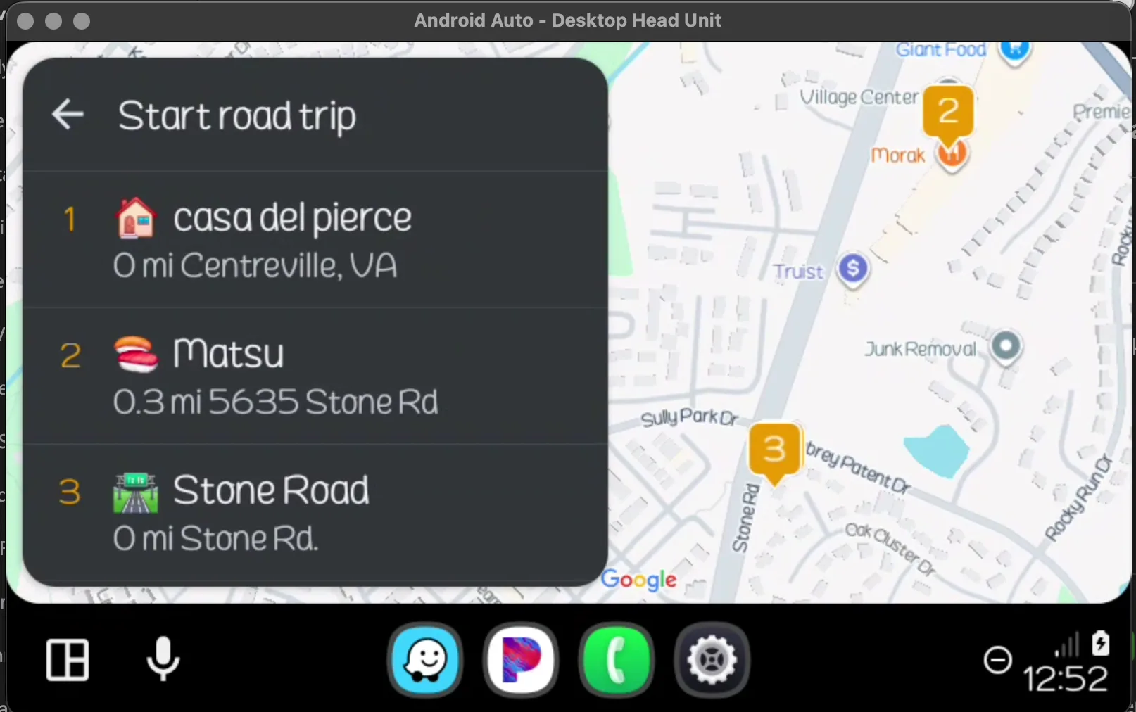 Haunts.io on Android Auto showing road trip stops and live map