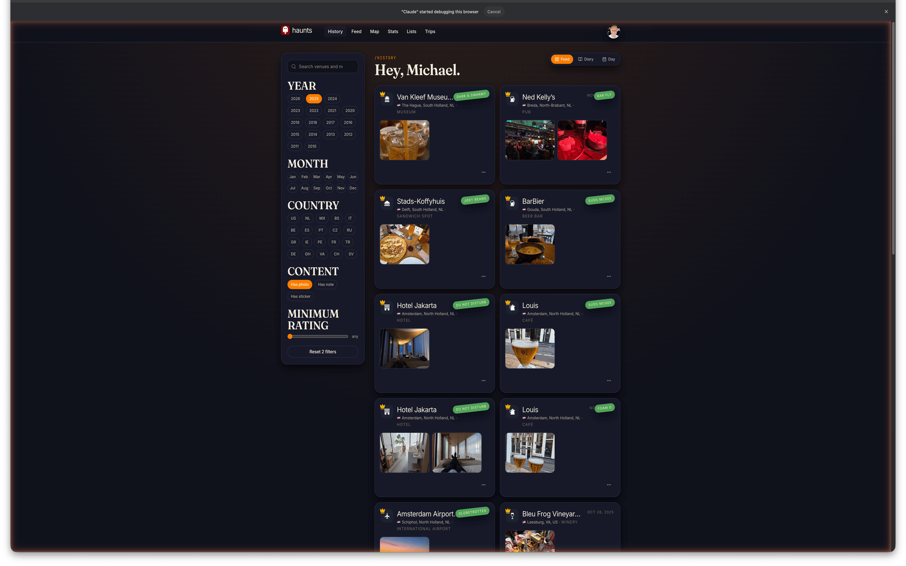 Haunts.io History Feed with Filters