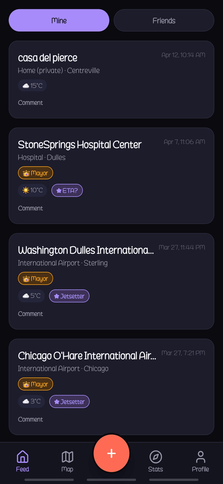 Haunts.io mobile feed screen