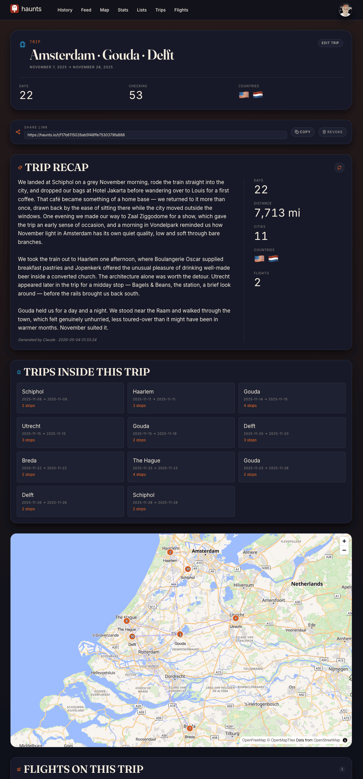 Haunts.io trip recap rail counting days, distance, cities, countries, and flights