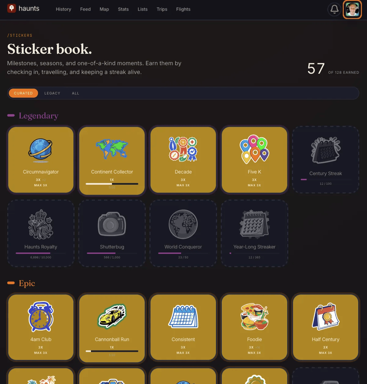 Haunts.io sticker book showing collectible stickers across Legendary, Epic, and Rare tiers