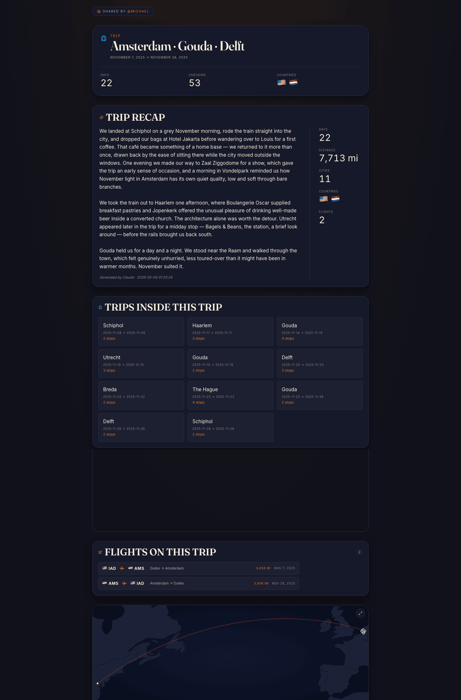 Live Haunts trip share page for a 22-day Amsterdam, Gouda, and Delft trip with auto-generated recap, sub-trip city grid, flights table, and great-circle arc map, served at /t/{token} with no account required.