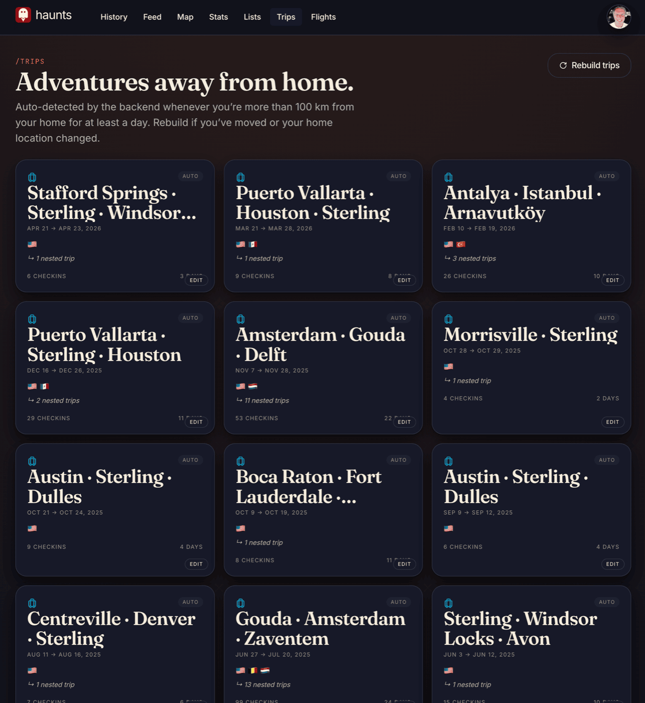 Haunts.io trip page with arc map, regional sub-trip atlas, numbered chronological pins, and recap rail