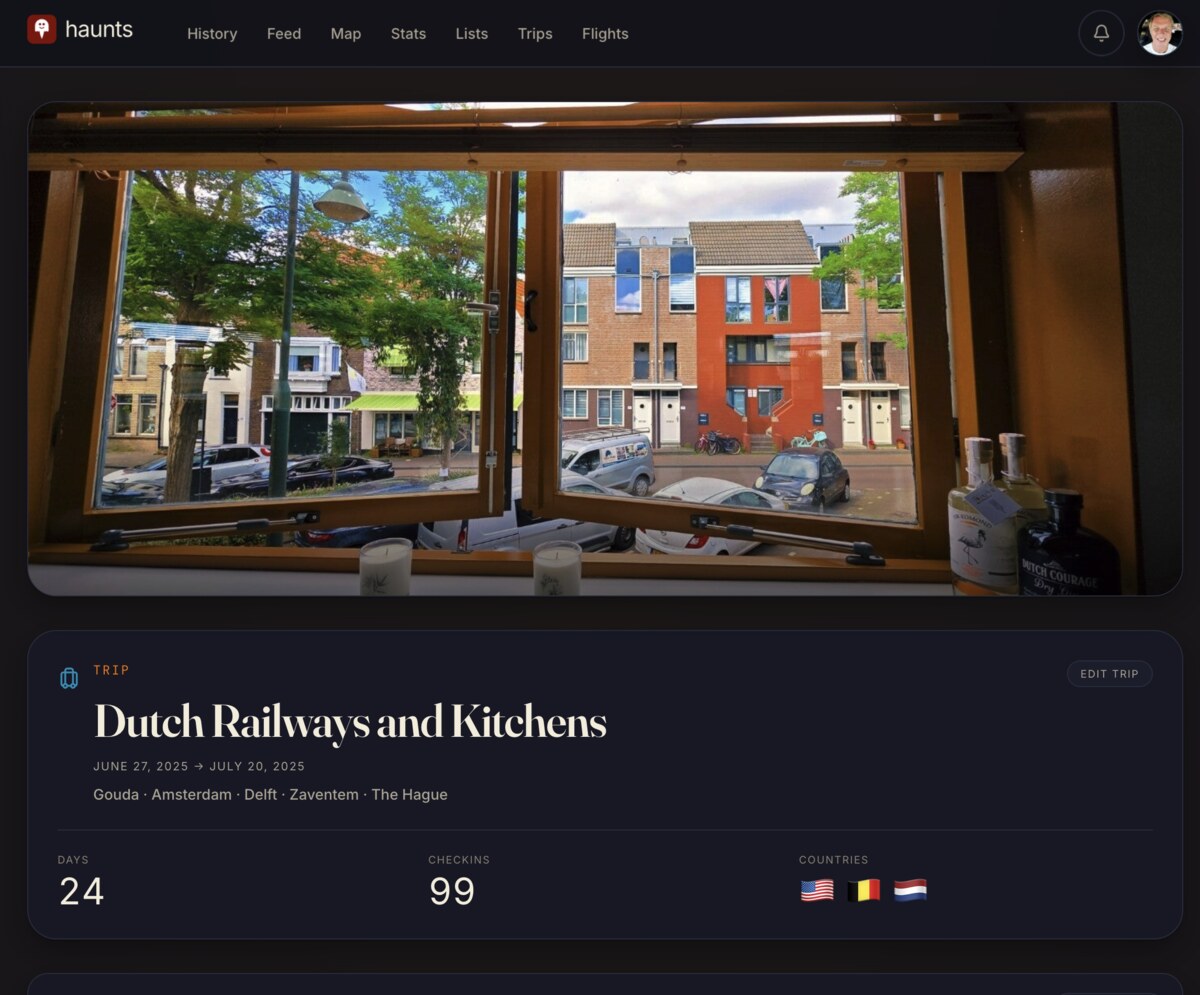 Haunts.io web trip page showing trip details, recap, and route map