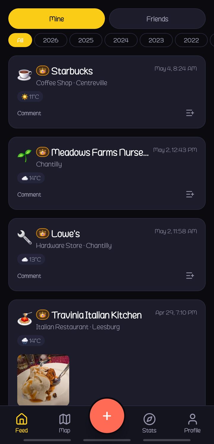 Haunts.io mobile feed with check-in cards, Mayor badges, and weather