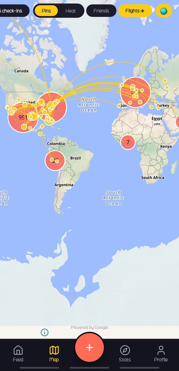 Haunts.io flights tab on the mobile profile, showing the atlas one tap away from the 3D globe