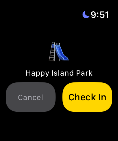Haunts.io Apple Watch check-in prompt with venue and buttons