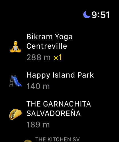 Haunts.io Apple Watch showing nearby venues list