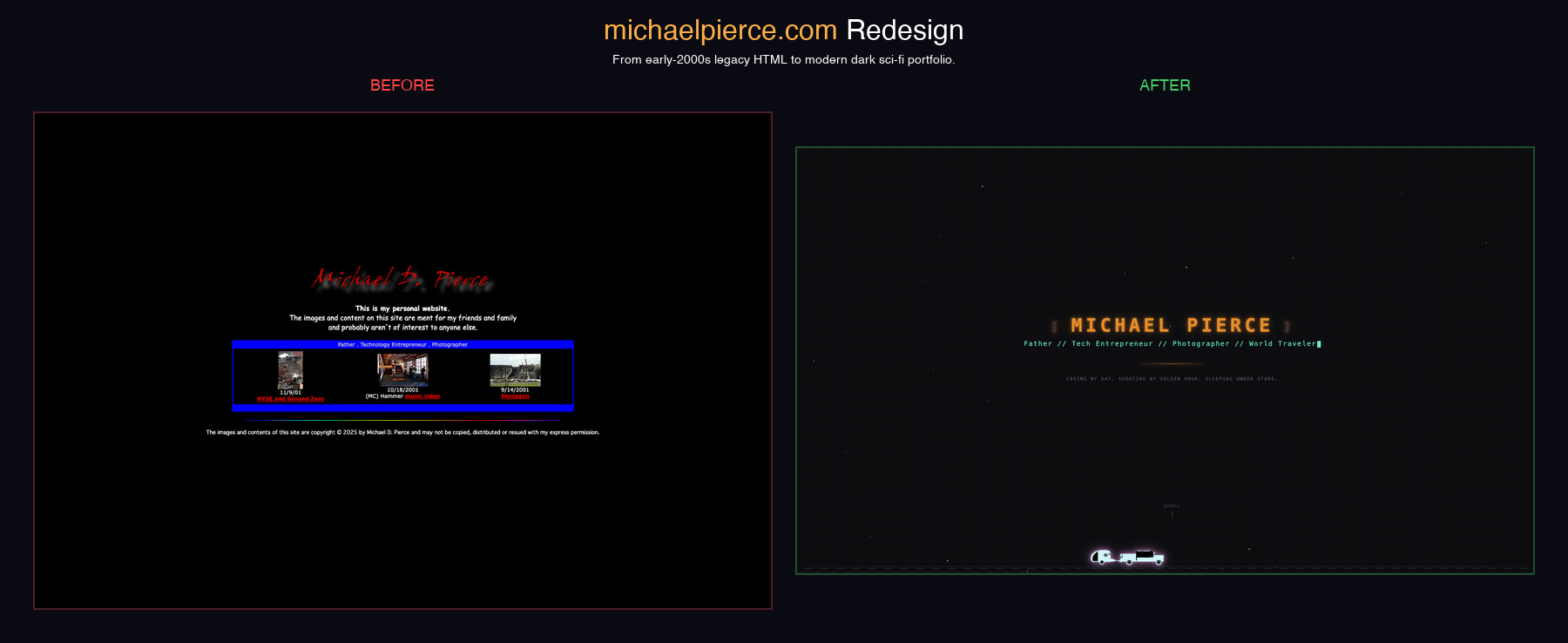 michaelpierce.com before and after — legacy site vs modern rebuild
