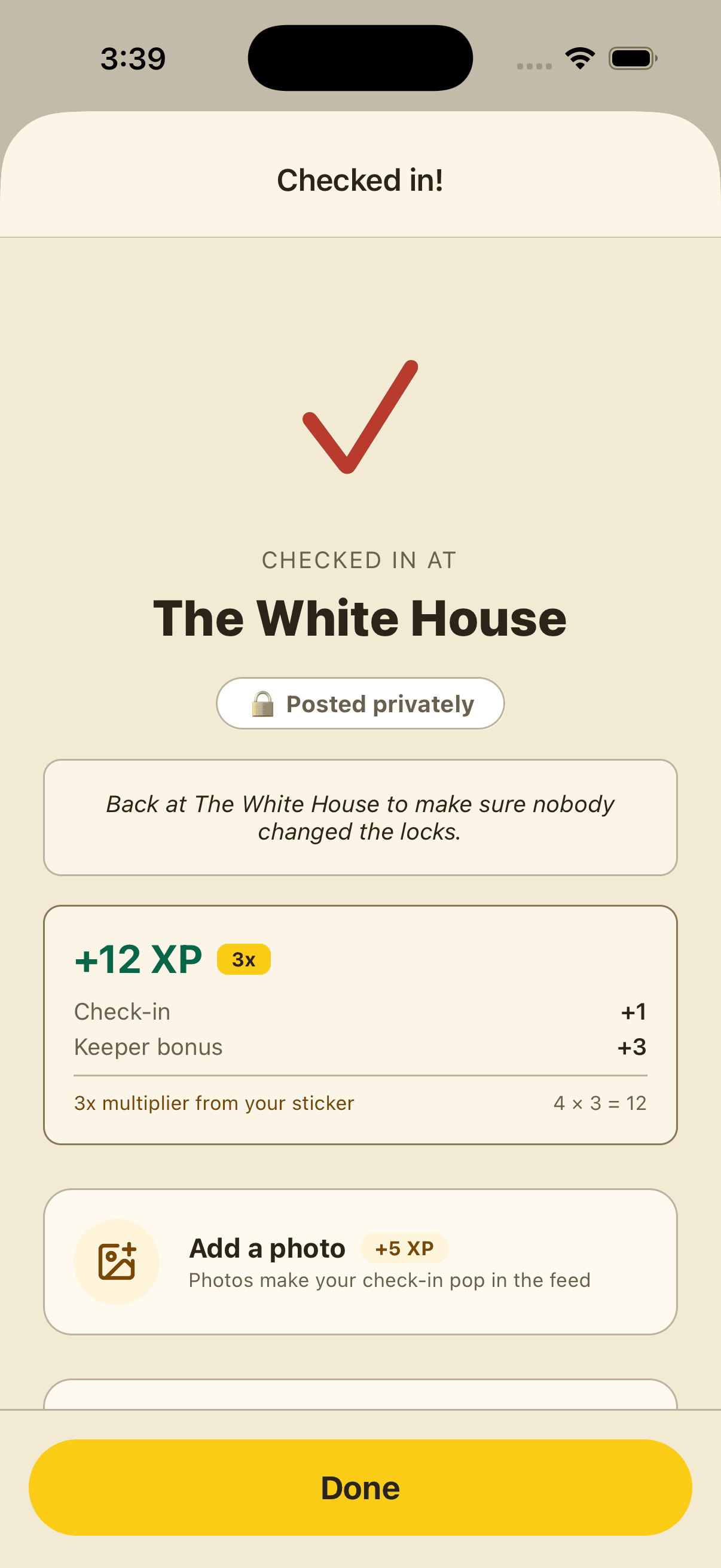 Haunts check-in confirmation screen showing XP earned and keeper bonus