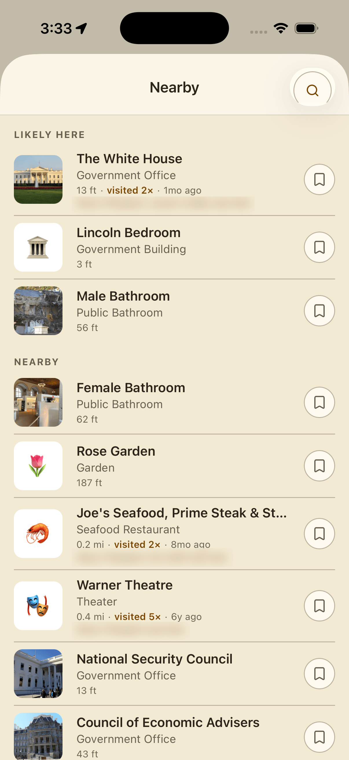 Haunts Nearby screen listing places to check into, one private place name blurred