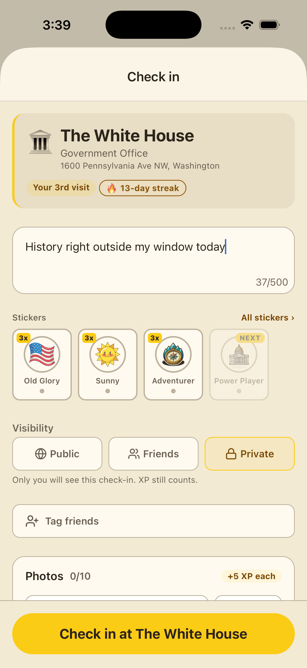 Haunts check-in screen with sticker, visibility, and photo options