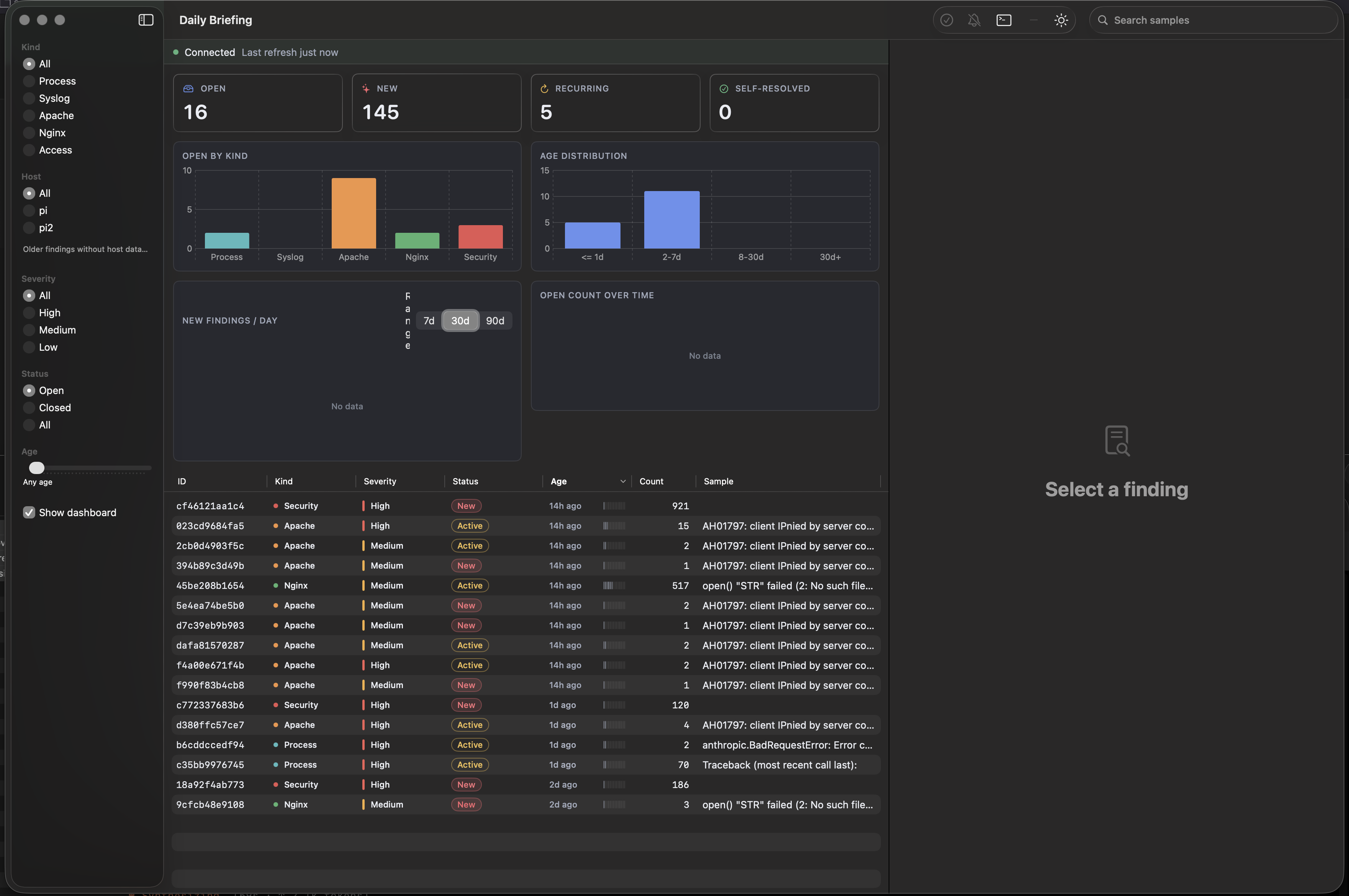 Daily-briefing-pi Mac app showing ranked findings and remediation queue