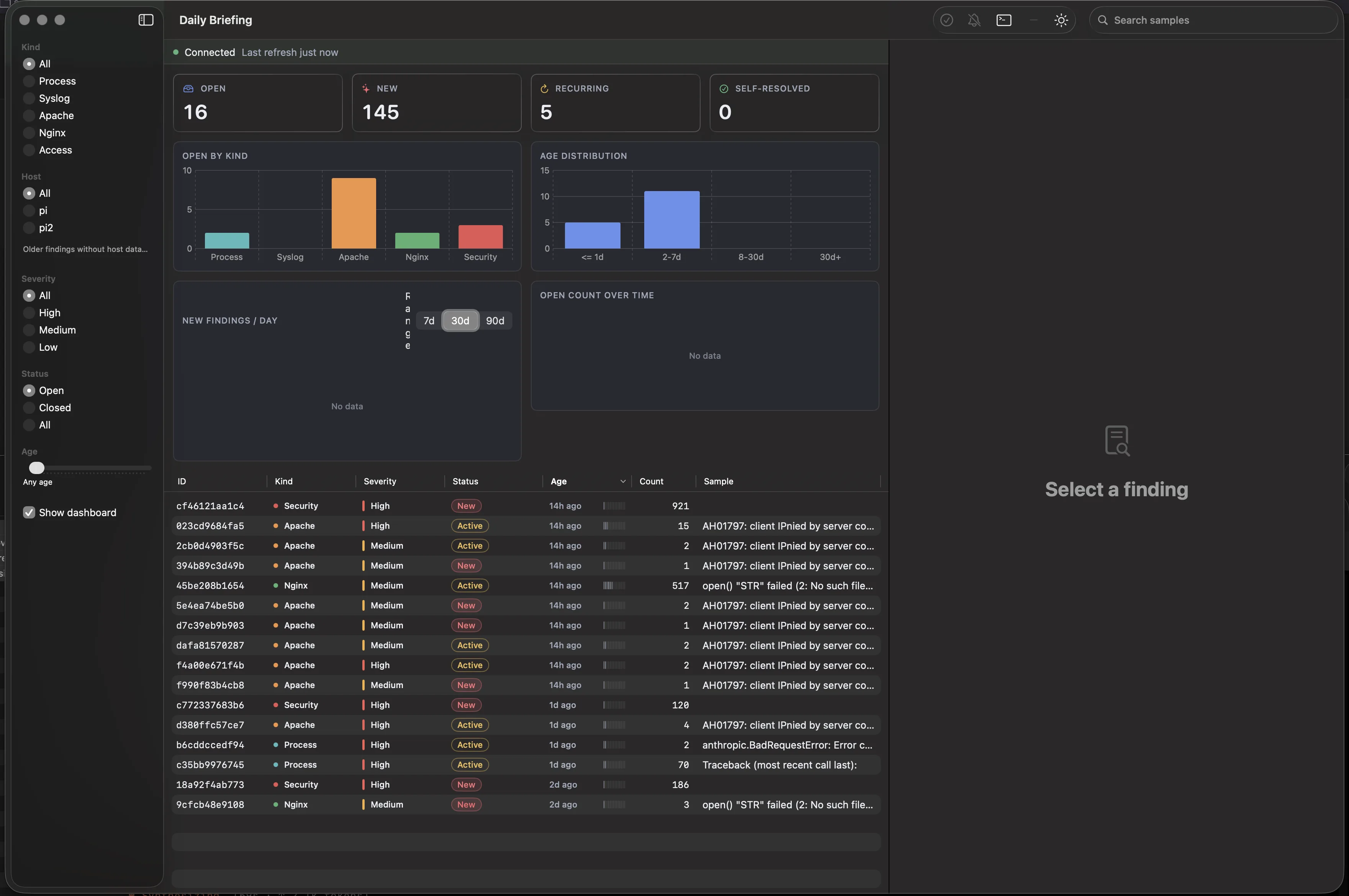 Daily-briefing-pi Mac app showing ranked findings and remediation queue