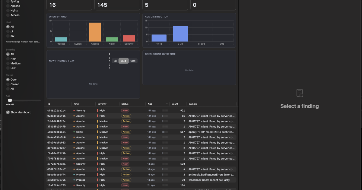 daily-briefing-pi Mac app showing ranked log findings